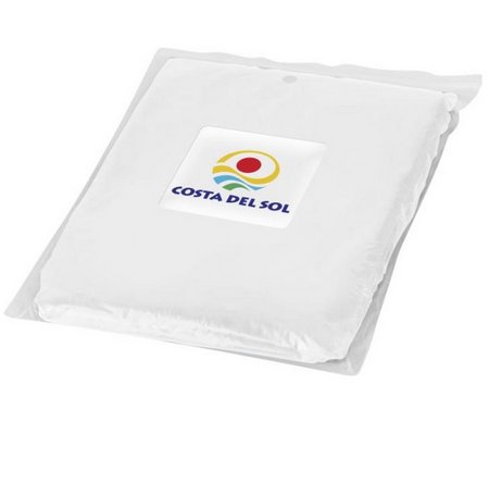 Weißer Regenponcho mit Werbung