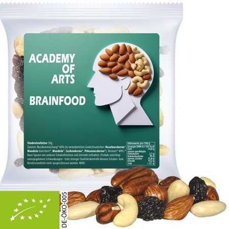 Bio Studentenfutter 30g Express Maxi-Tüte mit Etikett bedruckt mit Logo