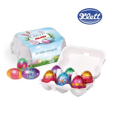 Schoko-Eier 6er mit Klett Schokolade mit Logo