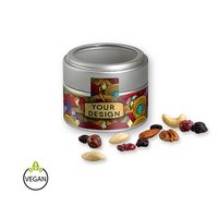 Premium Studentenfutter, ca. 60g, Metalldose Mini mit Sichtfenster als Werbegeschenk