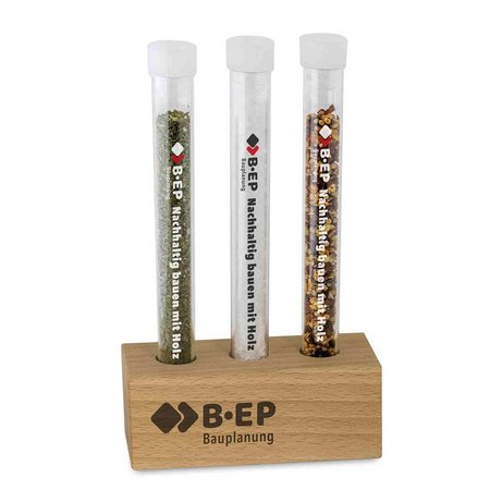Holzaufsteller für Reagenzgläser bedruckt mit Logo
