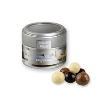 Knusperkugel-Mix 45g in Metalldose Mini mit Sichtfenster silber mit Logo