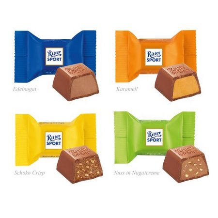Füllvarianten Ritter SPORT Schokowürfel in Präsentbox mit Logo
