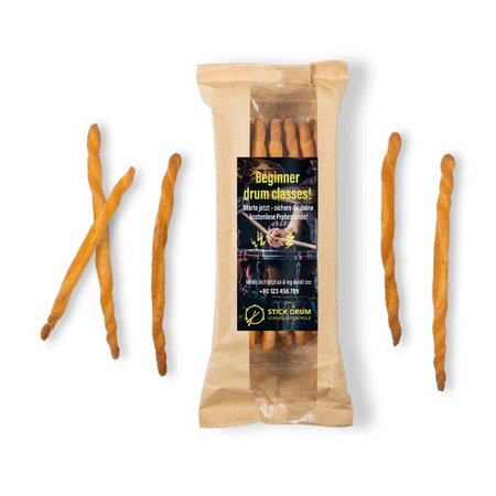 Grissini Rubatà Pizza in Papiertüte mit Etikett bedruckt mit Logo