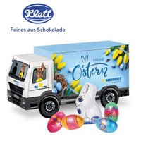 3D Präsent LKW Ostern mit Schokoladenmischung von Klett mit Logo