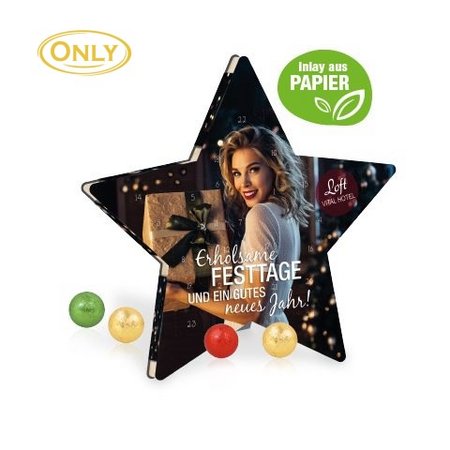 Adventskalender Stern mit Fairtrade Milchschokolade mit Logo