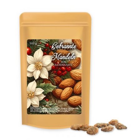 Feuergebrannte Mandeln ohne Zuckerzusatz (vegan), ca. 500g, Standbeutel Maxi mit Logo