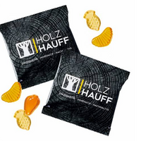 Vegane Fruchtgummis Gelbe Früchte in kompostierbare Kompakt-Werbetüte mit Logo