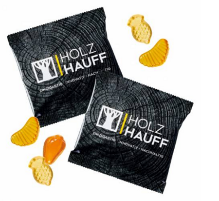 Vegane Fruchtgummis Gelbe Früchte in kompostierbare Kompakt-Werbetüte mit Logo