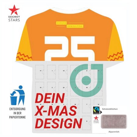 Täfelchen Adventskalender Trikot ECO Papierblister  Alpenmilch-Schokolade mit Logo