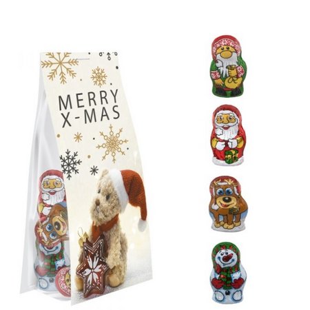 Schoko-Weihnachts Mix ca 40g Express Blockbodenbeutel mit Werbereiter mit Logo