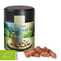 Bio Feuergebrannte Mandeln in Metalldose Midi schwarz 100g mit individuellem Logo