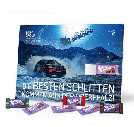 Tisch-Adventskalender Organic Variante mit Milka Schokoladen Mix mit eigenem Logo bedrucken