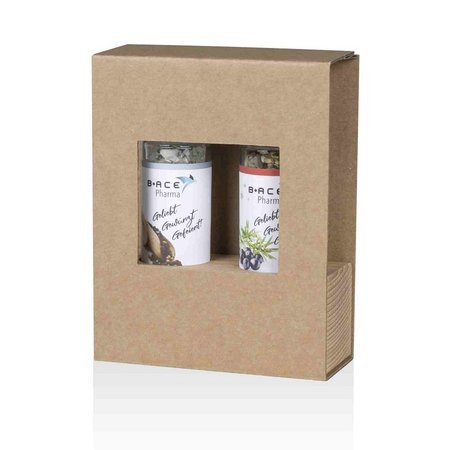 Holz-Aufsteller mit Mini Mühlen im Schuber als Werbegeschenk