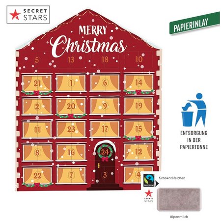 Täfelchen Adventskalender Haus ECO Papierblister Alpenmilch Schokolade mit Logo