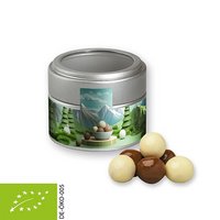 Bio Knusperkugel-Mix 45g in Metalldose Mini mit Sichtfenster silber mit Logo