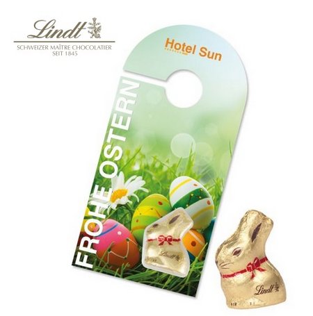 Schokokarte Türanhänger mit Lindt Goldhase mit Logo