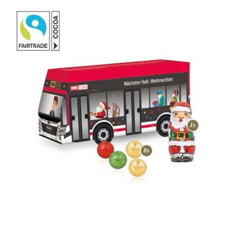 3D Präsent Bus mit Fairtrade Schokolade mit Logo