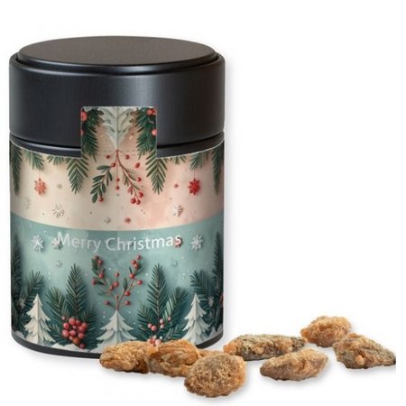 Feuergebrannte Mandeln ohne Zuckerzusatz (vegan), ca. 100g, Metalldose Midi schwarz mit Logo