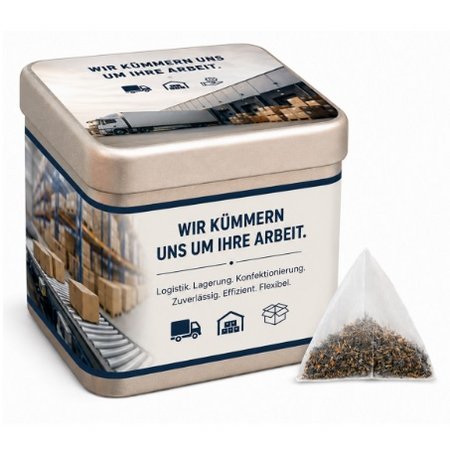 Tee-Pyramidenbeutel-Dose KubiTin mit Logo