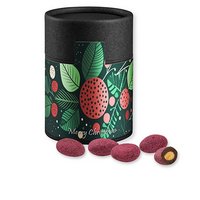 Zartbitter-Himbeer Mandeln 80g in biologisch abbaubarer Eco Pappdose Midi schwarz mit Logo