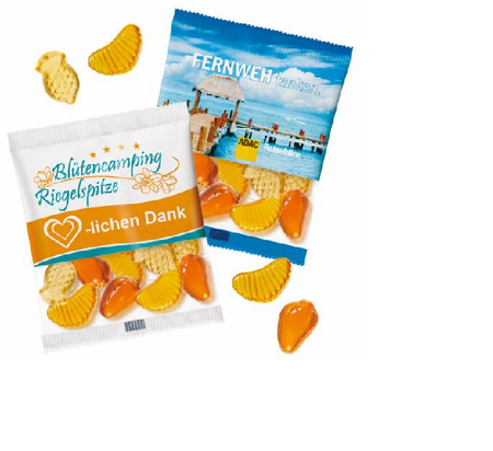 Vegane Fruchtgummis Gelbe Früchte in Maxi-Werbetüte mit Logo