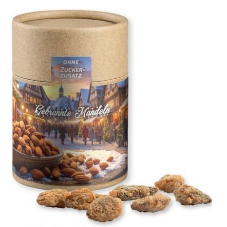 Feuergebrannte Mandeln ohne Zuckerzusatz (vegan), ca. 80g, Kraftpapierdose Midi mit Logo