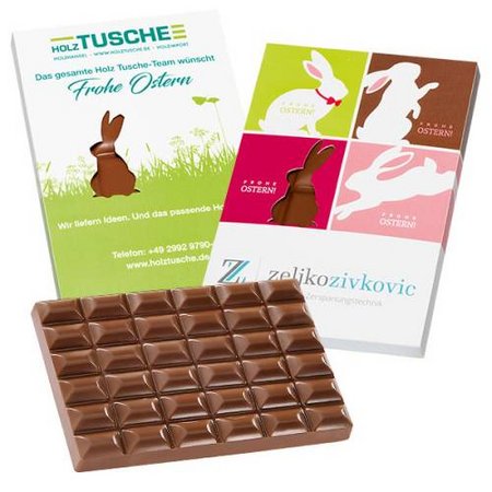 Schokoladentafel 60g im Werbe-Präsentkarton Osterhase bedruckt mit Logo