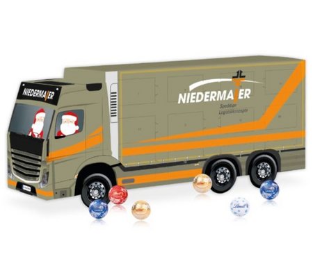 3D Adventskalender Lindt LKW Organic miteigenem Logo