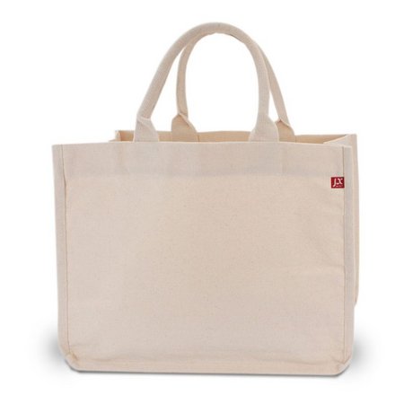 Frontansicht Canvas-Tasche BAMBERG 38 x 29 x 18 cm  mit Boden- und Seitenfalten sowie gerollten Henkeln mit eigenem Logo
