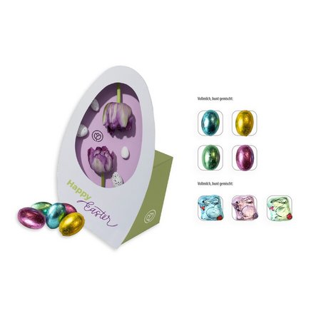 Osterei mit Werbebox 100 g bedruckt mit eigenem Logo