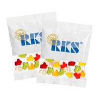 Fruchgummi Werbetütchen 20g Daumen hoch in kompostierbare Folie bedruckt mit Logo