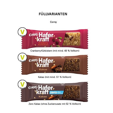 Füllvarianten Corny Haferkraft Riegel vegan mit Logo