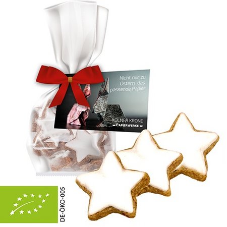 Bio Zimtsterne ca. 50g Express Standbeutel Mini mit Schleife mit Werbekarte