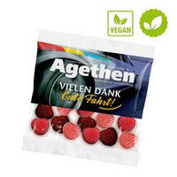 Vegane Fruchtgummis Rote Früchte in kompostierbarer Maxi-Werbetüte ca. 25g bedruckt mit Logo