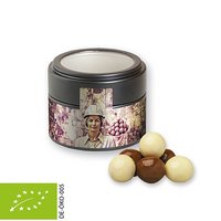Bio Knusperkugel-Mix 45g in Metalldose Mini mit Sichtfenster schwarz mit Logo