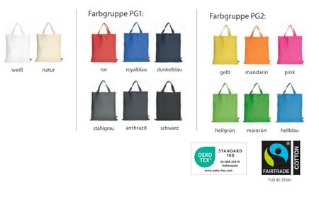 Tasche 38 x 42 cm aus Fairtrade-zertifizierter Baumwolle mit zwei kurzen Henkeln mit Logo in vielen Farben