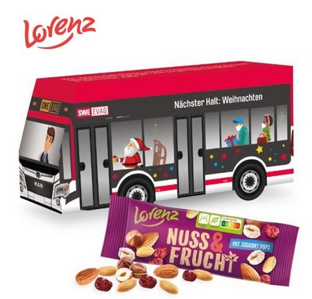 3D Präsent Bus mit Lorenz Nuss & Frucht mit Logo
