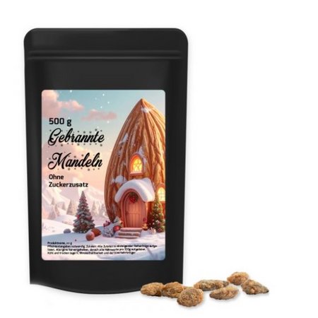 Feuergebrannte Mandeln ohne Zuckerzusatz (vegan), ca. 500g, Standbeutel Maxi schwarz mit Logo
