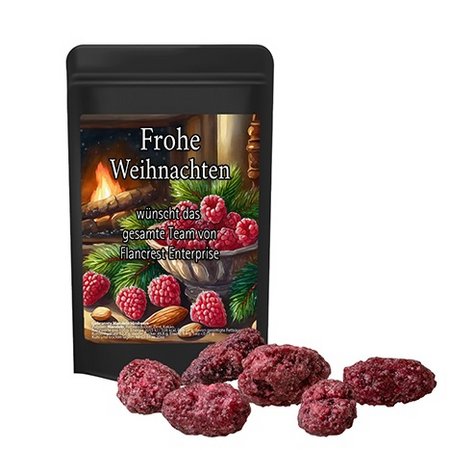 Gebrannte Mandeln Himbeere ca. 30g im Standbeutel Mini schwarz mit Logo