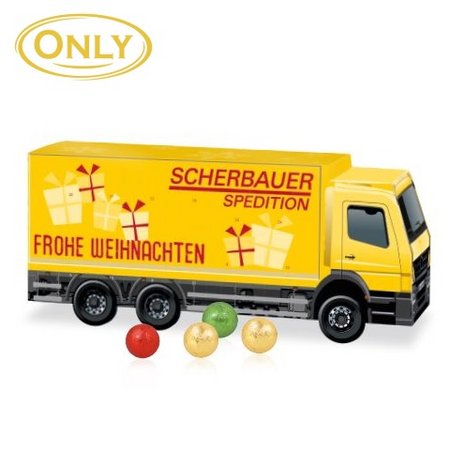 3D Adventskalender LKW mit Fairtrade Milchschokolade mit Logo