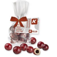 Johannisbeeren in weißer Schokolade 30g im Flachbeutel mit Logo