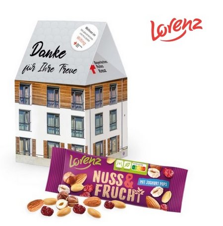 3D Präsent Haus mit Lorenz Nuss & Frucht mit Logo