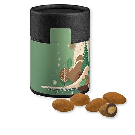 Schokomandeln mit Zimt 80g in biologisch abbaubarer Eco Pappdose Midi schwarz mit Logo