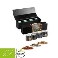 Geschenk-Set Premium schwarz + 4 x Gewürz in Sichtfensterdosen Mini bedruckt mit Logo