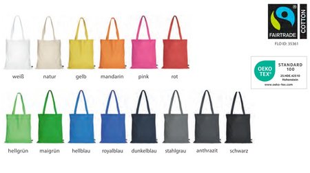 Tasche 38 x 42 cm aus Fairtrade-zertifizierter Baumwolle mit zwei langen Henkeln 70 cm mit Logo in vielen Farben