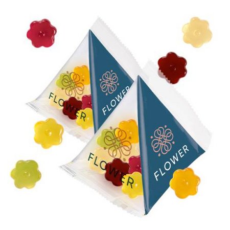 Fruchtgummi Blumen in Werbe-Pyramide 12g bedruckt mit Logo