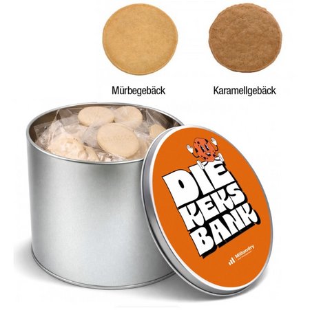 Geprägte Kekse, einzeln verpackt – Runddose mit Logo
