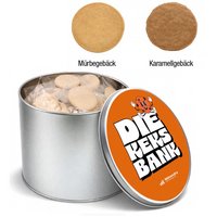 Geprägte Kekse, einzeln verpackt – Runddose mit Logo