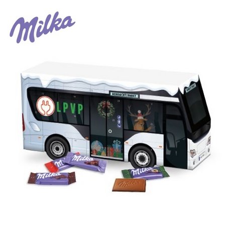 3D Adventskalender Bus mit Milka Schokolade mit Logo